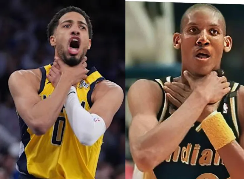 Tyrese Haliburton 哈利伯頓致敬 Reggie miller 大嘴米勒在季後賽經典的掐脖子預告勝利手勢